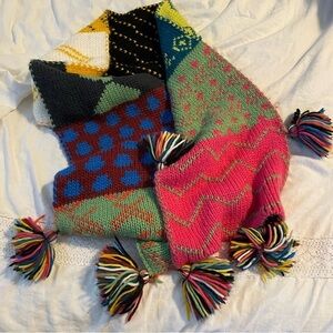 Zara Patchwork Pattern Pom Poms Scarf hippy bohemian oversize
